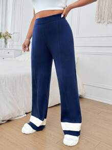 Flirla Plus Size Casual Color Block Knitted Pants, Autumn/Winter - Multicolor - View 1