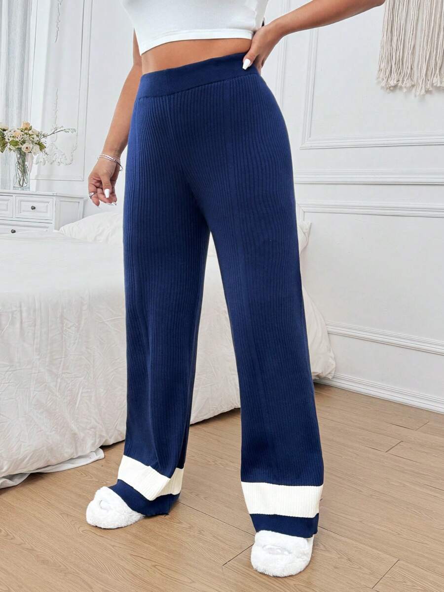 Flirla Plus Size Casual Color Block Knitted Pants, Autumn/Winter - Multicolor - View 1