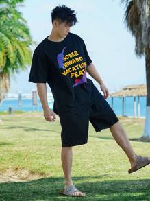 DAZY Men's Colorful Leopard & Letter Print Black T-Shirt & Shorts Set, Summer - Black - View 5