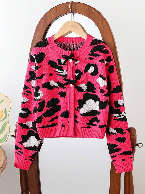 SHEIN Tween Girls Fashionable Cute Patterned Cardigan Sweater, Long Sleeve, Open Front Design With Bow And Button Decor, Soft Fabric, Elegant Khaki Color, Versatile For Casual, Gathering, Outing, School And More, Autumn/Winter