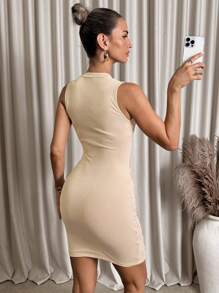 SHEIN Clasi 女士圆领褶饰亮片网眼紧身迷你连衣裙，情人节连衣裙 - 杏色 - 查看 2