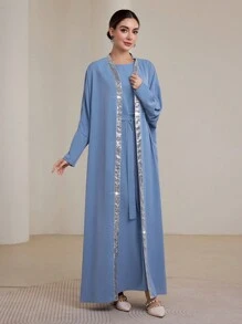 Graceveil 女士阿拉伯两件套 - 蝙蝠袖撞色亮片装饰背心直筒连衣裙和端庄长袍