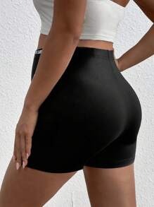 SHEIN Slogan Print Adjustable Waist Maternity Shorts - Black - View 2