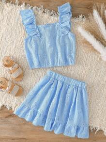 SHEIN 2024春秋新款少女可爱甜辣两件套：提花面料盖袖吊带上衣+甜美荷叶边下摆半身裙，韩版少女可当装，童装 - 藍色 - 查看 2