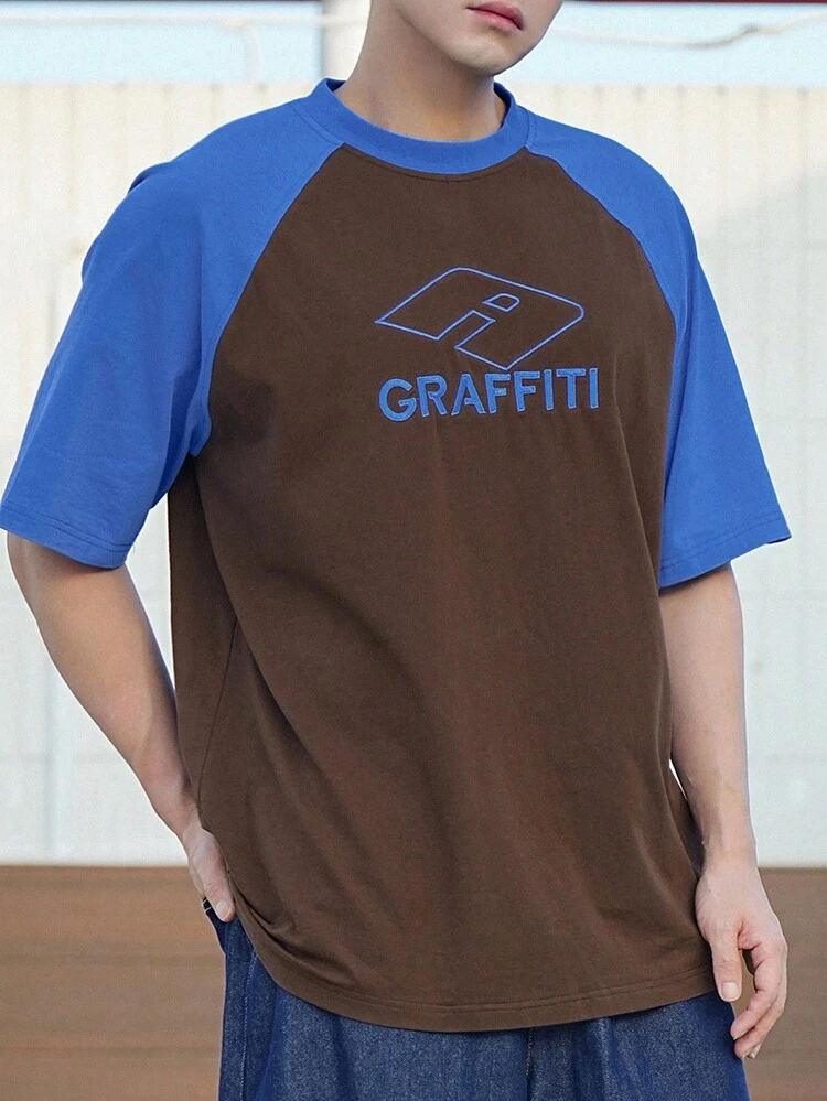 Men's Color Block Letter Embroidered Raglan Sleeve Short Sleeve T-Shirt,Graphic Tees