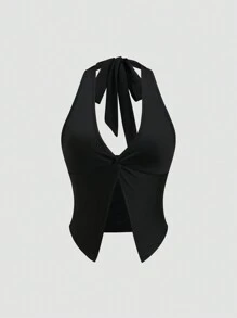 SHEIN Unity 简约纯色结饰吊带背心，性感时尚 - 黑色 - 查看 1