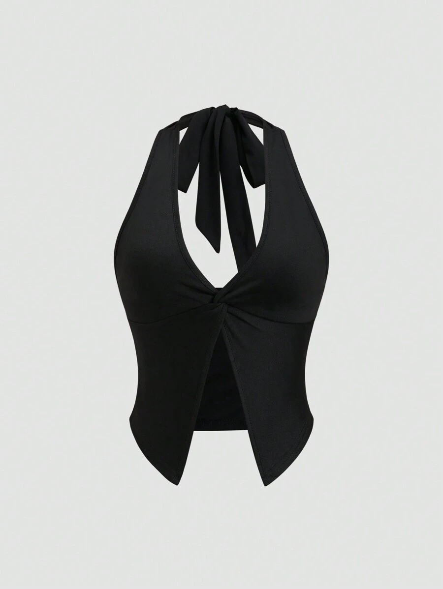 SHEIN Unity 简约纯色结饰吊带背心，性感时尚 - 黑色 - 查看 1