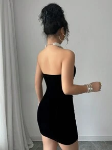 Selianne Halloween Costume Black Strapless Pearl Waist Velvet Elegant Romantic Women Dress - Black - View 3
