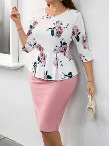 SHEIN Clasi Conjunto de blusa elástica de punto con estampado floral y falda ajustado rosa para mujer, atuendo elegante y romántico para el Día de San Valentín, talla grande - Multicolor - Ver 5