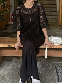 FRIFUL 女士纯色圆领镂空短袖休闲上衣 - 黑色 - 查看 2