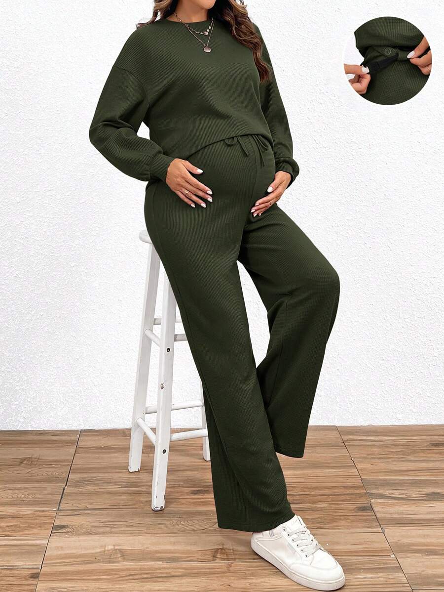 SHEIN 2pcs/Set Maternity Casual Solid Color Long Sleeve Top And Long Pants Set, Autumn - Army Green - View 1
