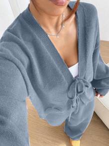 SHEIN Unity 2pcs Casual Lace-Up Cardigan Sweater & Sweatpants Set - Blue - View 6