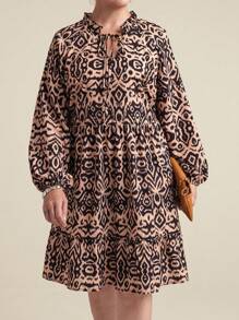 Plus Size Women's Printed Long Sleeve Dress, Spring/Summer - Khaki - View 1