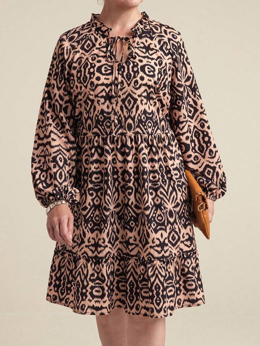 Plus Size Women's Printed Long Sleeve Dress, Spring/Summer - Khaki - View 1