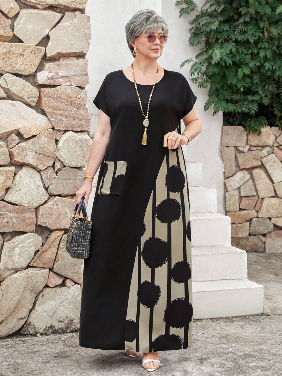 EMERY ROSE 加大码撞色印花拼布长假休闲连衣裙，女士春季服装，热带度假女装