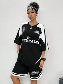 Coolane 女士街头服饰嘻哈摩托印花运动 T 恤和篮球短裤套装，2 件 - 黑色 - 查看 4