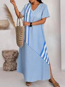 SHEIN LUNE Plus Size Women V-Neck Short Sleeve Loose Striped Splice Casual Dress