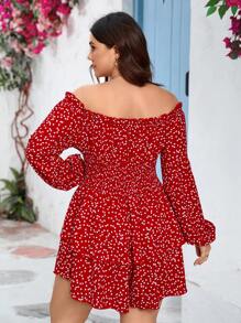 SHEIN VCAY Plus Size Romantic Red Heart Print Ruffle Long Sleeve Cinched Waist Jumpsuit With Double Ruffle Hem, For Valentine's Day - Red and White - View 2