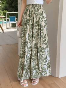 DAZY Women's Full-Flower Waist Tie Long Pants With Slit And Pleats, Flared Leg,Teacher Pants - Green - View 6