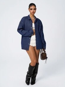 SHEIN ICON Chaqueta vaquera de mujer de ajuste holgado, estilo de un solo pecho y hombros caídos, para el otoño