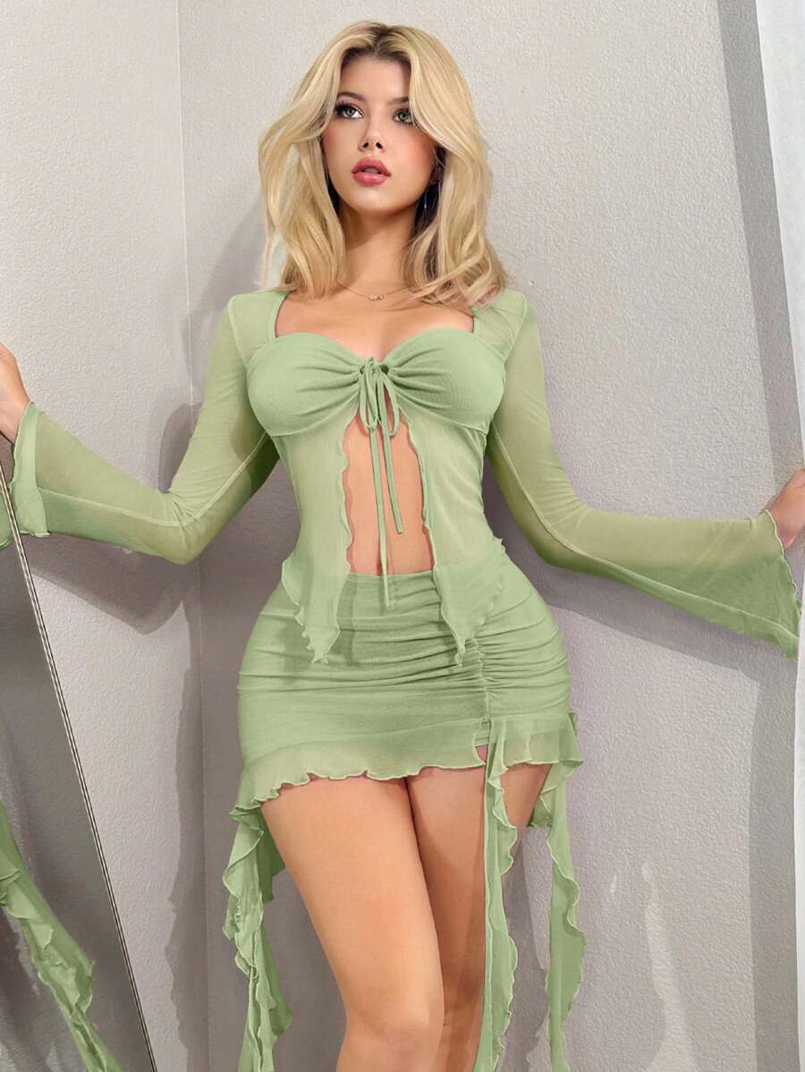 Sweetina 夏季性感长袖网眼透明衬衫低腰水母腰带裙套装 Y2K 外出褶边女式秋季两件套 - 薄荷綠 - 查看 1