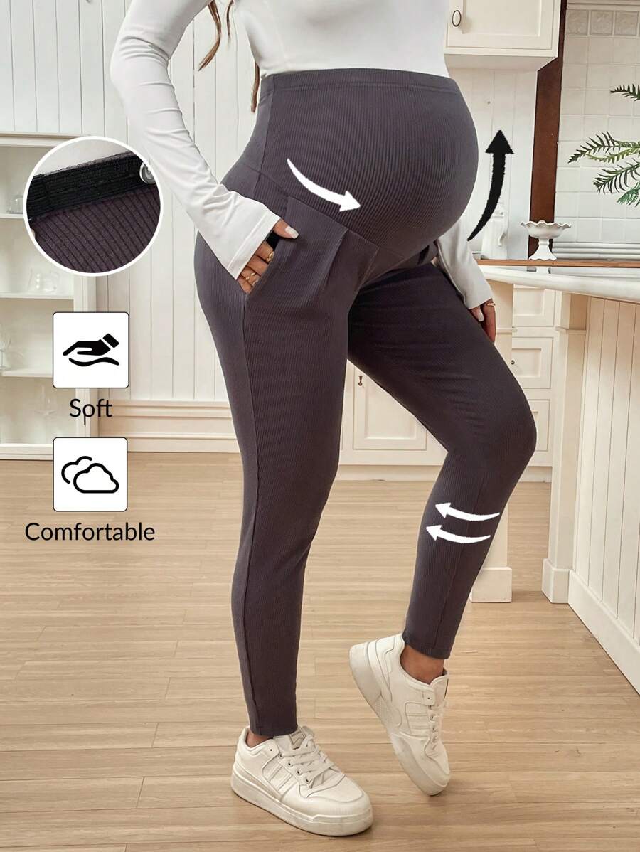 SHEIN Adjustable Waist Solid Color Casual Maternity Leggings - Dark Grey - View 1