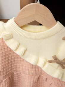 年轻女孩宽松休闲圆领拼色荷叶边蝴蝶结装饰毛衣连衣裙 - 粉色 - 查看 4