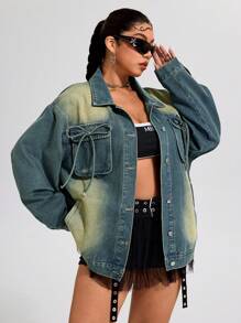 SHEIN ICON Plus Size Versleten Denim Jeansjack voor Dames