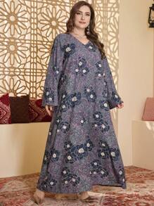 Al Najma Plus Size Style Women Rhinestone Decor Printed Dress - Multicolor - View 4