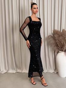 SHEIN Clasi 女式长袖方领美人鱼连衣裙，带水钻，黑色，优雅修身，适合派对、社交活动、户外穿着、秋冬季 - 黑色 - 查看 5