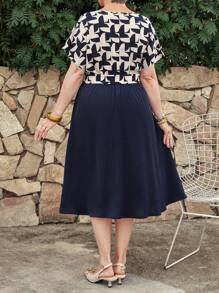 EMERY ROSE Plus Size Casual Commuter Floral Print Patchwork Batwing Sleeve Dress, Wiosenne Stroje Dla Kobiet, Tropikalne Wakacje Kobieta Na Lato