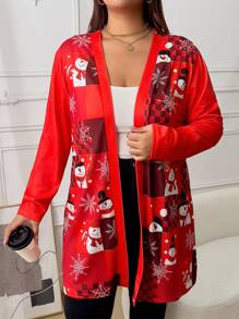 INAWLY 女士大码休闲雪人与雪花印花长款宽松夹克，秋季和春季新年服装