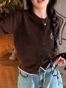 DAZY Kardigan damski w kontrastowym kolorze z haftowanym misiem, wiosna/lato, Walentynki - Brązowy - Zobacz 4