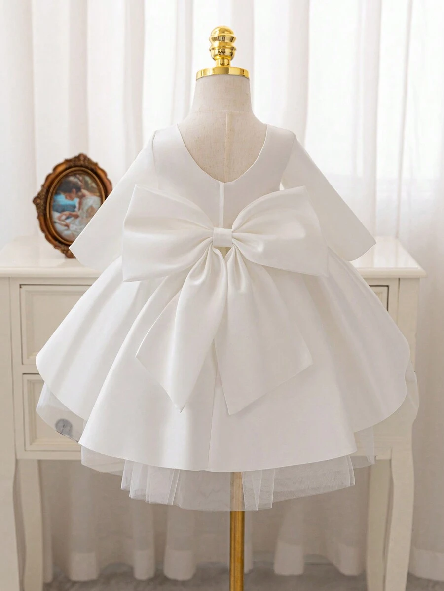 SHEIN Glamorique Kids Baby Girl Christmas Princess Dress Ball Gown Party Dress, Autumn/Winter New, Halloween Costume Long Sleeve Satin Dress With Big Bow, Tulle Puffy Skirt - White - View 1