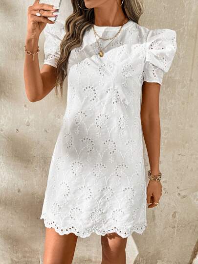 SHEIN Clasi Women Embroidery Jacquard Short Sleeve White Spring/Summer Elegant Everyday Gigot Sleeve Teardrop Hollow Mini Dress