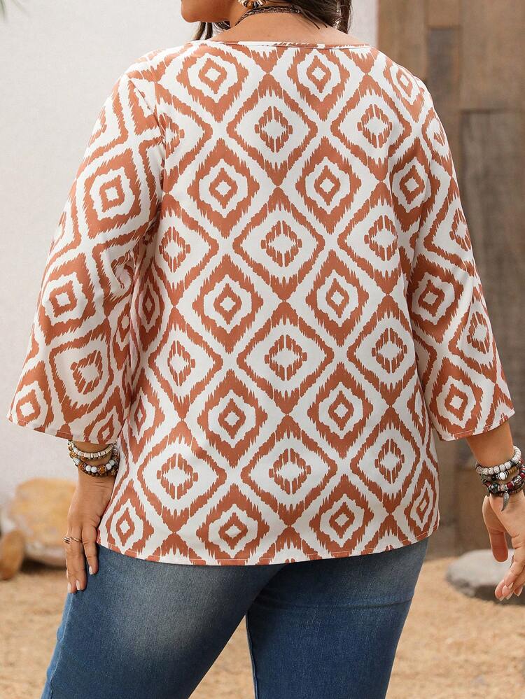 Plus Size Women Geometric Print Round Neck 3/4 Sleeve Loose Casual Blouse,Spring Clothes,Western Wear Women