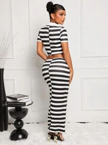 SHEIN SXY 2pcs Sexy And Elegant Black Striped Skirt Set - Black and White - View 2