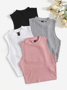 SHEIN EZwear 4 piezas top tank tejido de canalé de cuello alto - Rosa - Ver 1