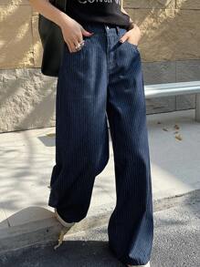 DAZY 适合日常穿着的女士休闲宽松阔腿牛仔裤 - 藍色 - 查看 3