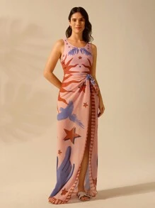 CAJUNI Women's Boho Print Vacation Casual Beach Swim Cover Up Skirt Sarong For Summer Beach Vacation, Country Concert