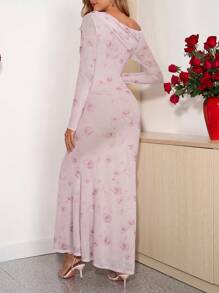 Ellevyn Trang phục váy bó dài cho nữ, cổ chữ V in hoa hồng, phong cách hẹn hò lãng mạn thanh lịch với vai hở và xẻ tà cho ngày lễ tình nhân mùa xuân/hè - Hồng - Xem 7