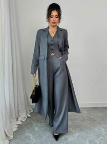 Elenzga Elegant Linen Feel Deep Gray Long Cardigan, V-Neck Vest And Pants 3-Piece Set, Commuter Wear Fall Cloth For Women