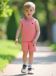 SHEIN Young Boy Summer Round Neck Cute Printed Pullover Sports Tank Top & Shorts Set