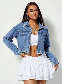 SHEIN Tall Women Short Distressed Denim Jacket - Medium Wash - View 1