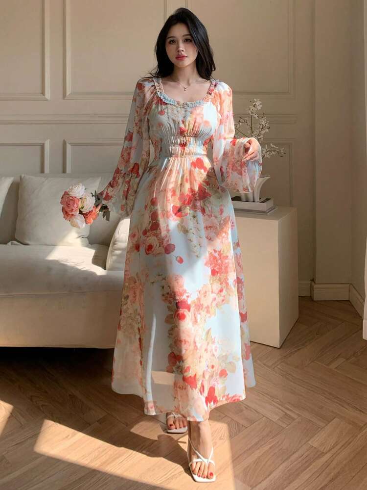 Women Ditsy Floral Casual Dress, Minimalist & Fashionable For Everyday Wear Boho,Fall Dress Long Sleeve Dress Vacation Outfits Women Maxi Dress