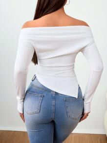 VaVaBold Off-Shoulder T-Shirt With Gathered Shoulders And Asymmetric Hem Fall Cloth For Women - White - View 2
