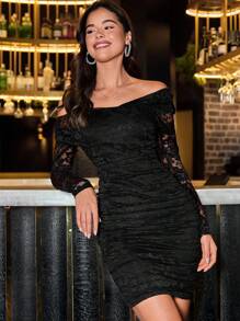 SHEIN Clasi 女士黑色蕾丝露肩长袖修身优雅连衣裙，适合新年派对 - 黑色 - 查看 6