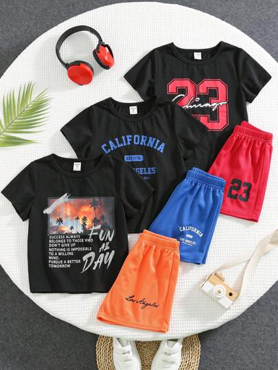 6 件套年轻男孩休闲、舒适、时尚、街头风格、简约、实用的 T 恤和短裤，带有节日椰子树图案和字母图案。