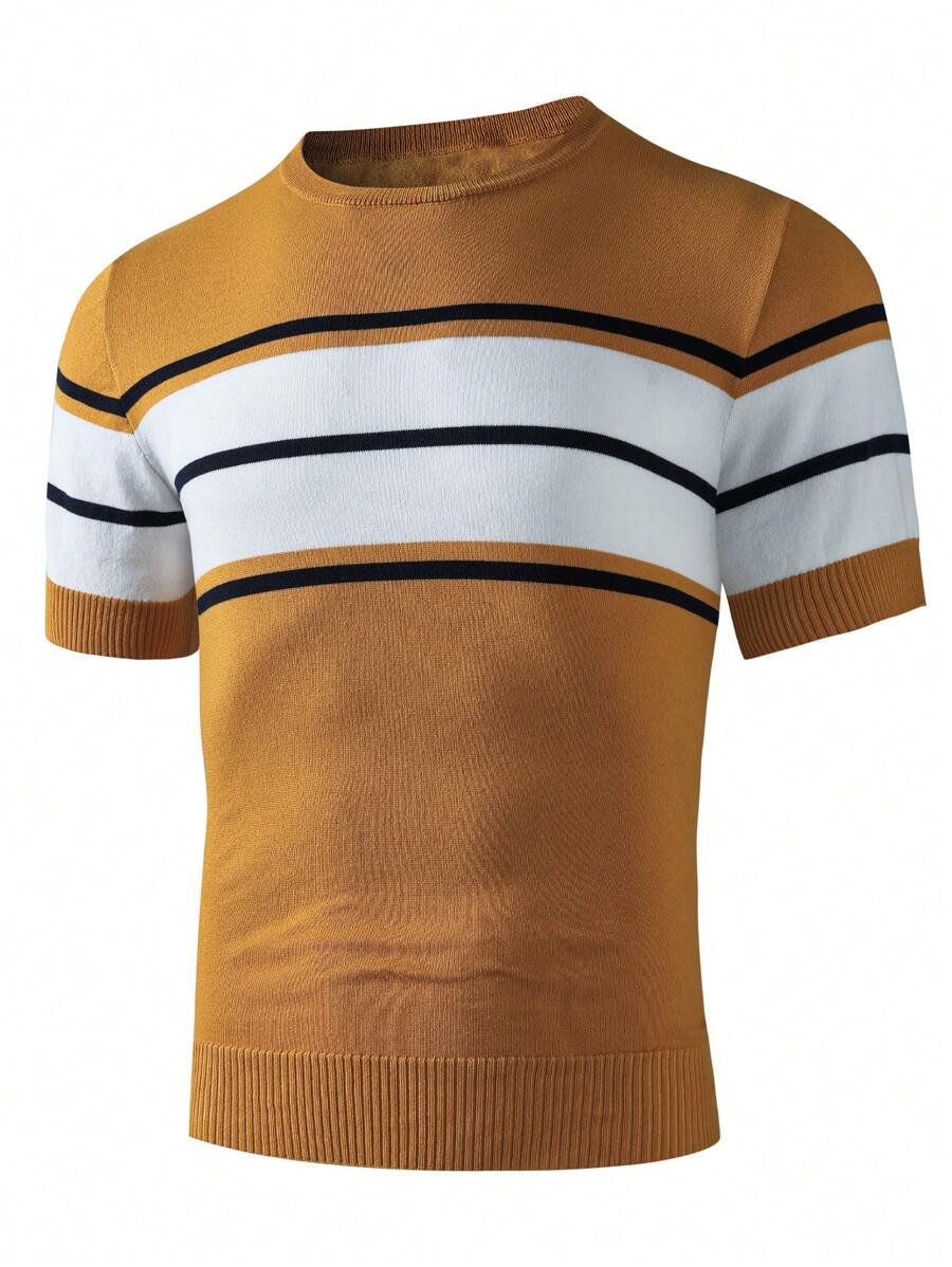 Manfinity Homme Men's Casual Colorblock Striped Short Sleeve Knit Top - Yellow - View 1