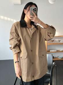 Dazy-Less Áo khoác nữ thường ngày màu tương phản có túi lớn, phong cách tiện dụng, trang phục công sở mùa thu, trang phục thường ngày cho phụ nữ, áo khoác nữ - Màu Khaki - Xem 1